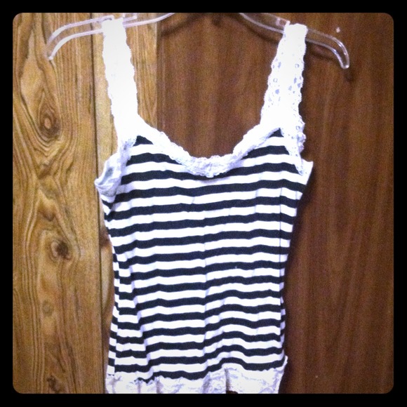 Black and white striped cami with lace trim