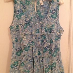 Anthropologie, blue print, ruffled tank, size 10