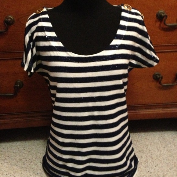 Short sleeve navy striped top nautical gold button