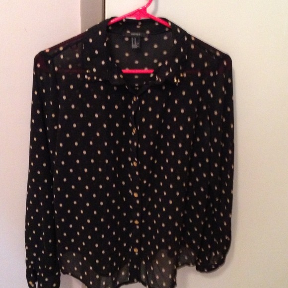 Black with tan polka dots, sheer blouse.