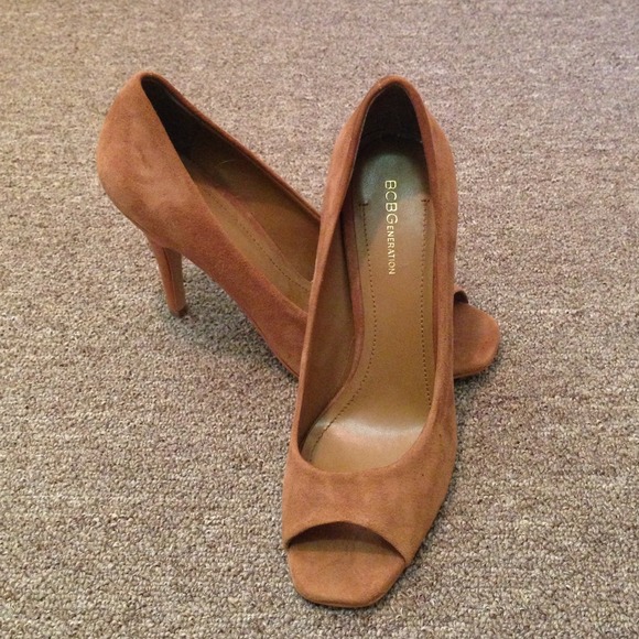 BCBGeneration suede camel peep toe pumps