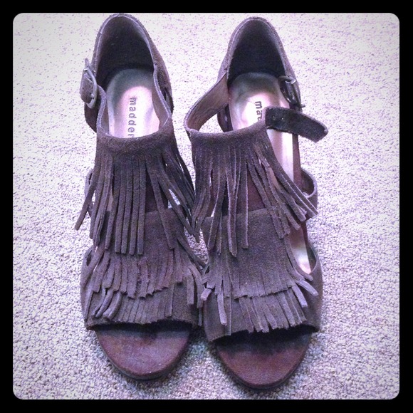 Chocolate brown fringe suede peep toe pumps