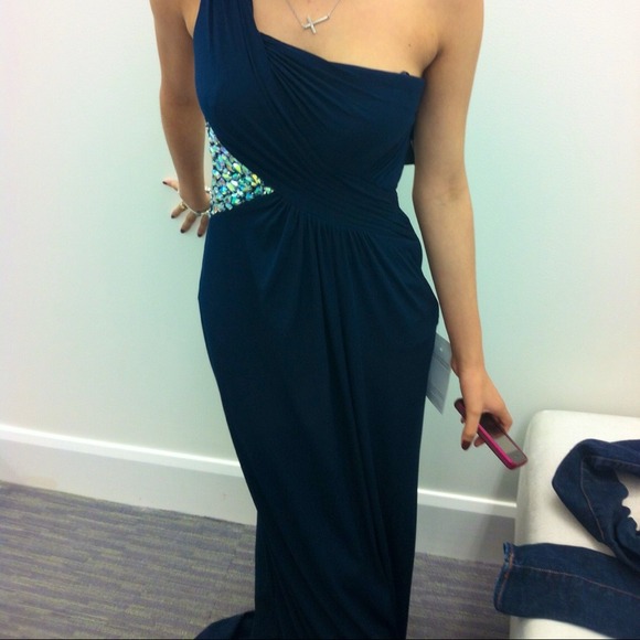 Beautiful open back navy blue gown with gems - Picture 3 of 4