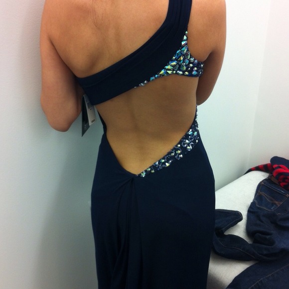 Beautiful open back navy blue gown with gems - Picture 4 of 4