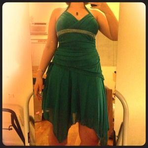 Teal halter dress with asymmetrical skirt