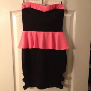 neon pink and black peplum party dress
