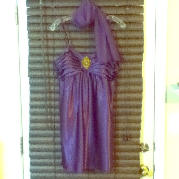 Plum colored evening dress.