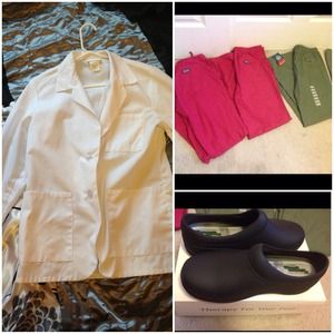 Scrub pants, shoes, lab coat all new condition