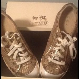 Coach khaki  logo sneaker w/gold scribble, sz 8
