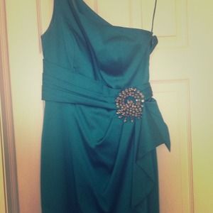 Kay Unger Teal one-shoulder knee-length dress