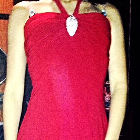 Red dress with stoned neckline