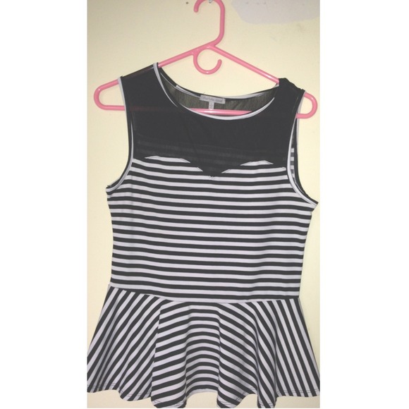 Mesh Black & White Striped Peplum Top