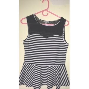 Mesh Black & White Striped Peplum Top