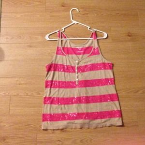 Striped sequined half button down tank top