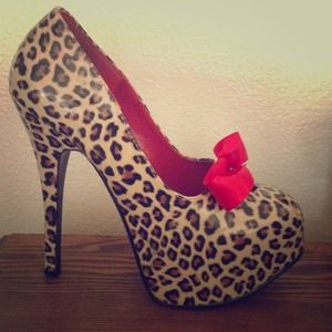 Bordello Cheetah Print Red Bow Pumps