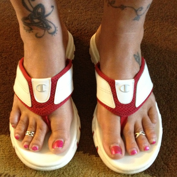 White and red Champion flip flops