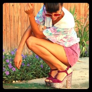 🎉Purple Velvet Glitter T Strap Foxy Platform Pump