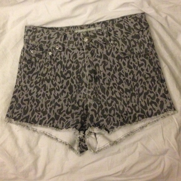 Gray Leopard High Waisted Denim Shorts