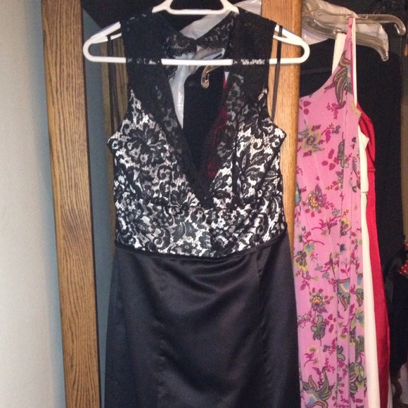 Long black & white lace & satin keyhole back dress