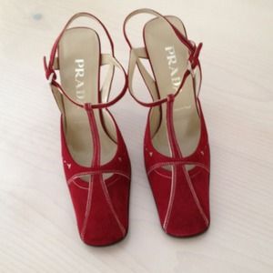 Red suede Prada t strap. 4 " heel. Never worn.