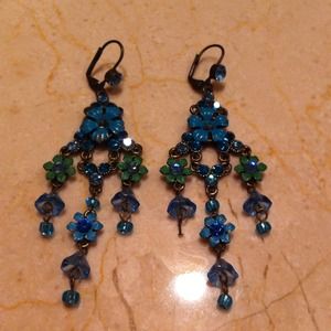 Blue jeweled flower chandelier earrings