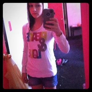 White long sleeve "peace & love" shirt with hood.