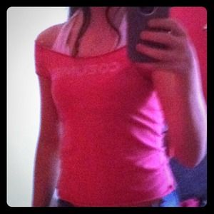 Pink and white off the shoulder top.