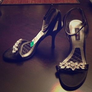 Jeweled black satin strap heels