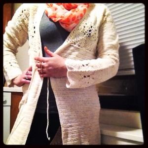 NWOT Crochet Lace Long Open Tie Sweater