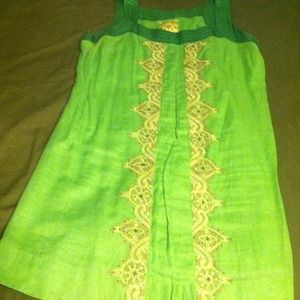 Green linen and cotton embroidered sun dress