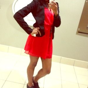 Red dress with gold button on sleeve