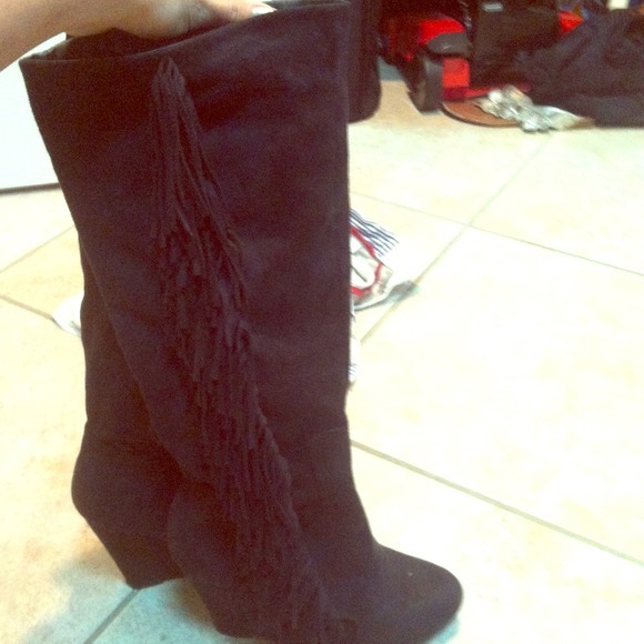 Black fringe high heeled wedge boots