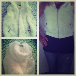 White faux fur vest with hood