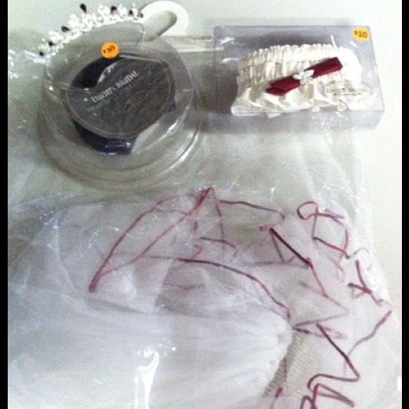 David's Bridal red wedding veil & tiara