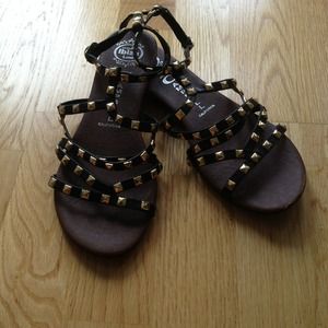 Black and brown leather gold studded sandals