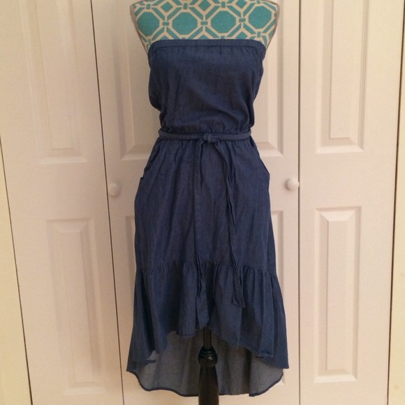 High low denim jean strapless dress
