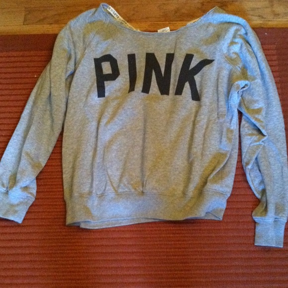 Grey over the shoulder pink sweatshirt