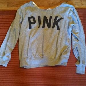 Grey over the shoulder pink sweatshirt