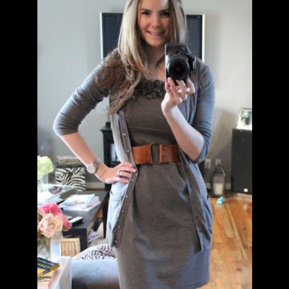 Gray dress with rosette at neckline
