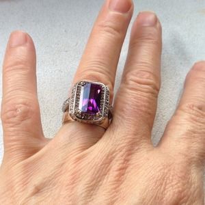 Amethyst & Diamond Solid 14K White Gold Ring!