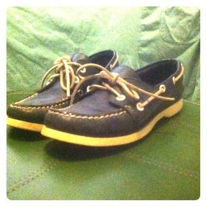Blue and white loafers