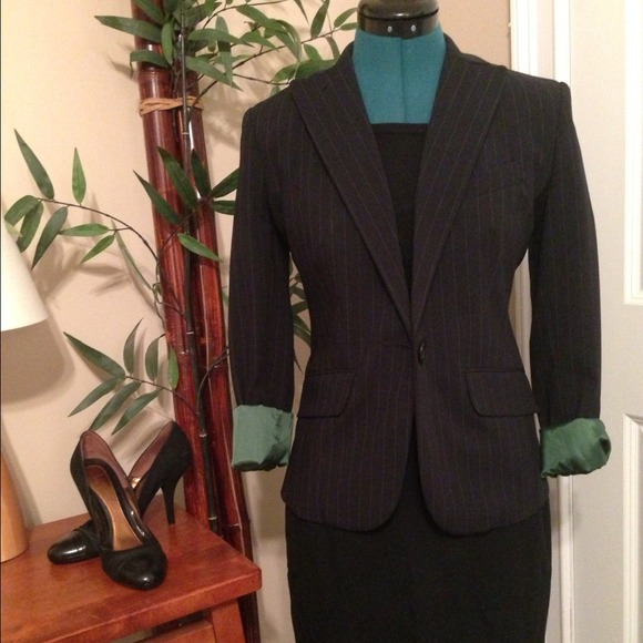 Fitted pinstripe blazer w/ green lining