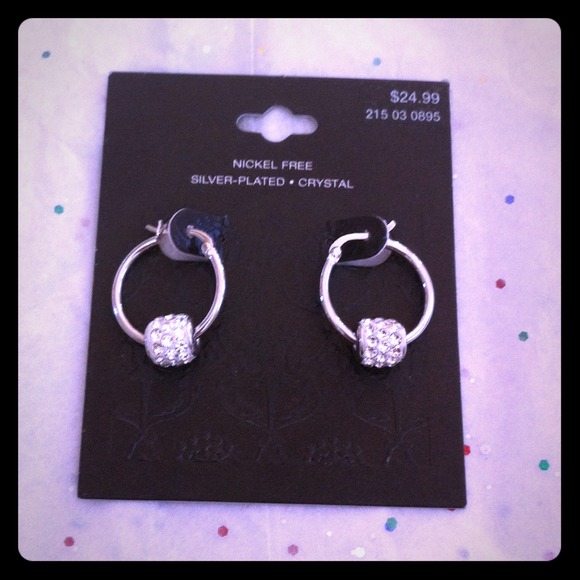 Silver plated small hoop earrings w/Crystal charms