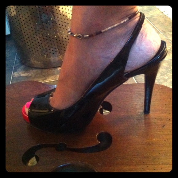 Sling back black and red patent leather heels