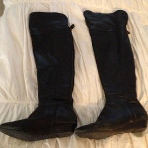 Black leather knee high flat boots