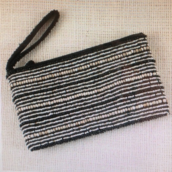 Horizontal Stripe Beaded Wristlet - Black/Cream