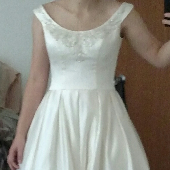 High-Low Off the Shoulder Satin Wedding Gown - Picture 2 of 4