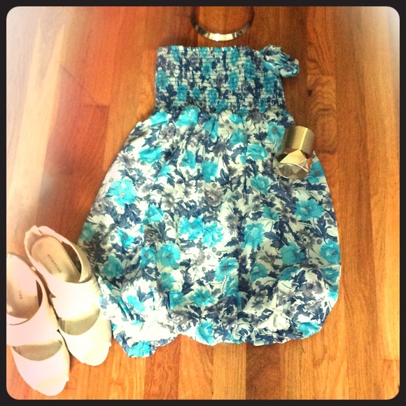 cute strapless blue floral dress