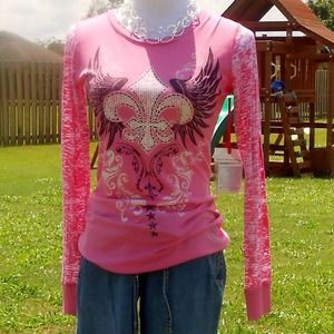 Long Sleeve Pink FAITH Burnout Tee w/ Rhinestones