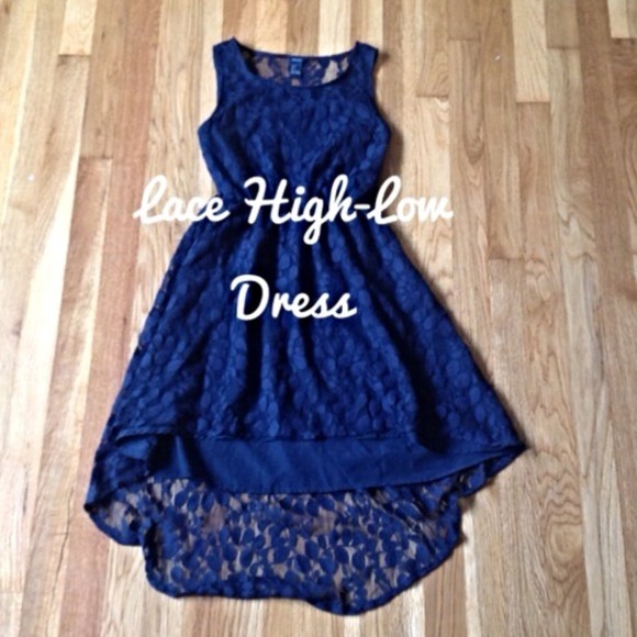navy blue lace high low dress.